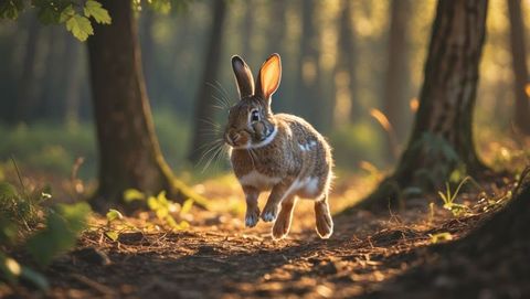 Bounding cottontail rabbit on forest path in golden light