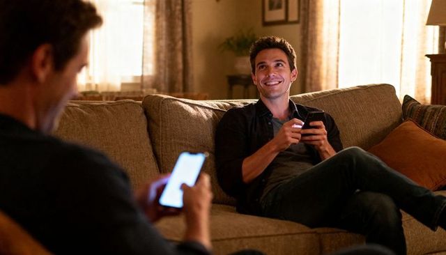 Smiling man checking phone while relaxing on cozy living room sofa, warm casual evening
