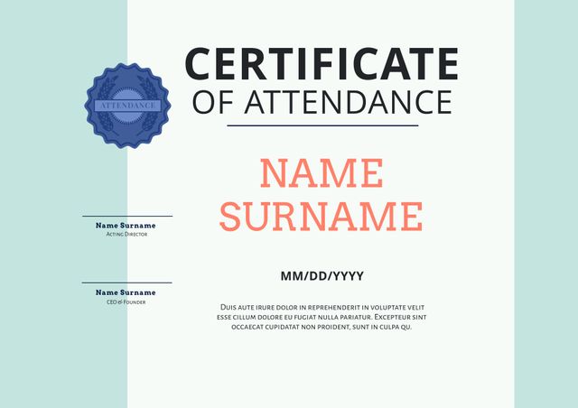 Elegant Attendance Certificate Template for Educational and Professional Events - Download Free Stock Templates Pikwizard.com