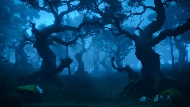 Ancient Oaks Swaying in Mysterious Nighttime Forest Clearing