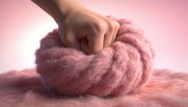 Hand pressing into fluffy pink wool roving showing texture, fibers and tactile detail