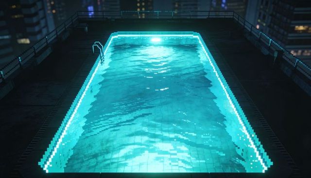 Neon-lit rooftop pool at night with glowing turquoise water and urban skyline
