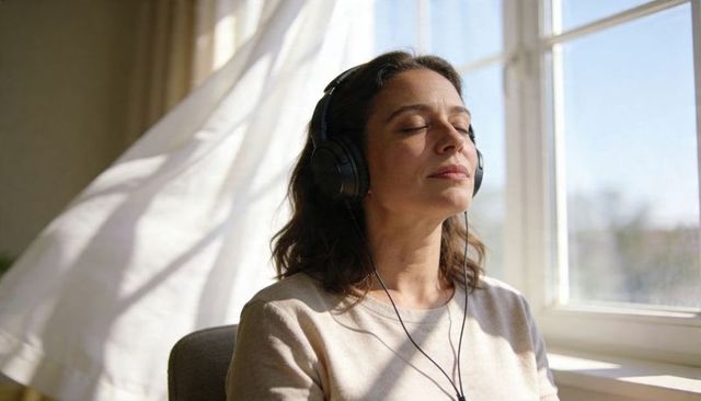 Woman listening to music with headphones by sunlit window, relaxing mindfully at home