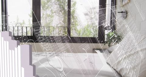Minimalist bedroom showing airy white bed with balcony greenery and translucent data overlays