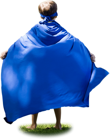Transparent Background of Boy with Blue Cape Standing Barefoot on Grass