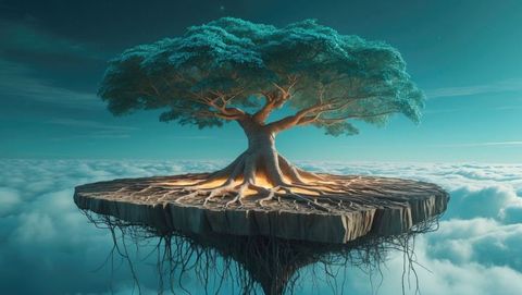 Surreal floating sandalwood tree island above clouds at sunrise