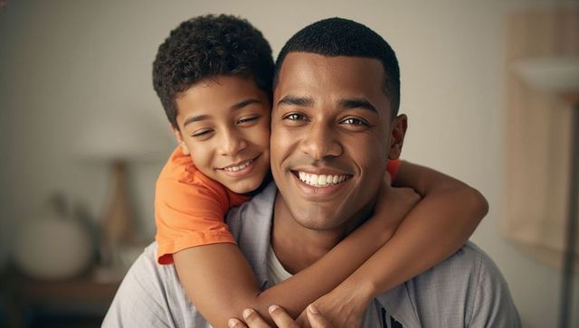 Smiling Father and Son Sharing Warm embrace in Living Room