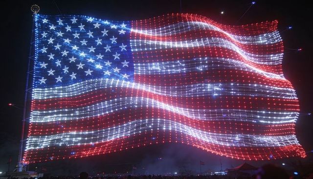 Giant american flag waving and forming in drone light show over night crowd