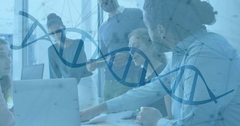 Scientists collaborating in conference room with digital dna overlay