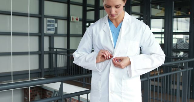 A young Caucasian female doctor is buttoning up her lab coat in a modern hospital setting, with copy space. Her professional demeanor and the healthcare environment suggest a readiness to provide medical care.