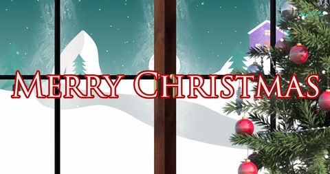 Merry Christmas Greeting with Snowy Winter Landscape