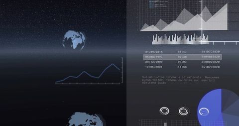 Futuristic analytics ui over starfield with globe, area charts, pie and gauge