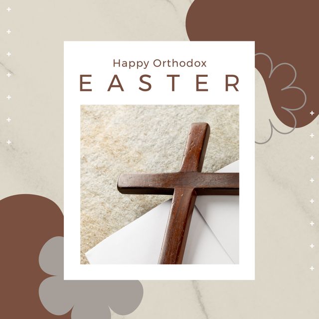 Orthodox Easter greeting card featuring a wooden cross placed on a neutral background with decorative flower icons and Orthodox Easter text. This design can be used for creating aesthetically pleasing and spiritually themed greeting cards, social media posts, or print materials for celebrating Orthodox Easter.