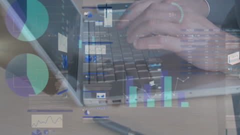 Businessman Analyzing Data on Laptop with Digital Graphics Overlay