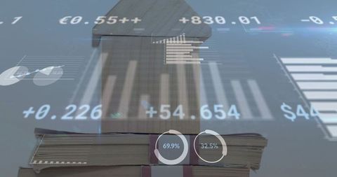 Stacked banknotes rising with digital finance hud, uptrend arrow and data charts