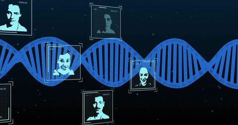 Dna helix overlaying biometric facial profiles on futuristic neon data interface