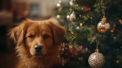 Curious Dog by Christmas Tree with Baubles and Lights
