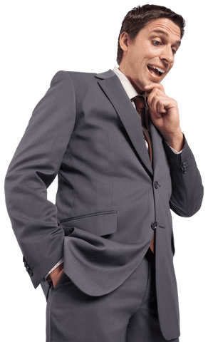 Transparent Businessman Enthusiastically Smiling in Gray Suit
