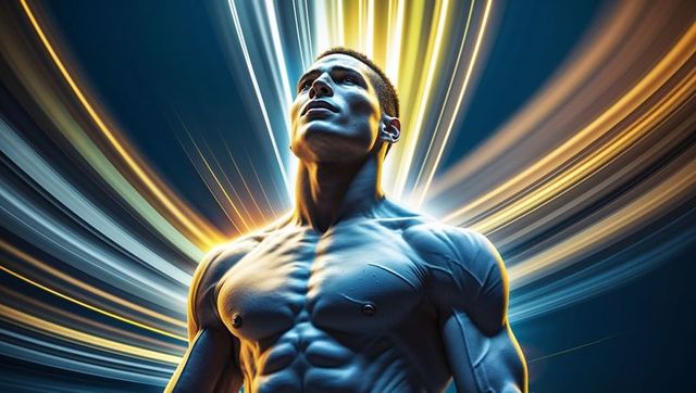 Muscular Asian Man Posing in Futuristic Radiant Light