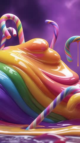 Vertical video glossy rainbow mound sagging and dripping with leaning candy canes