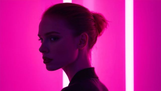 Modern fashion portrait with neon lighting and magenta glow