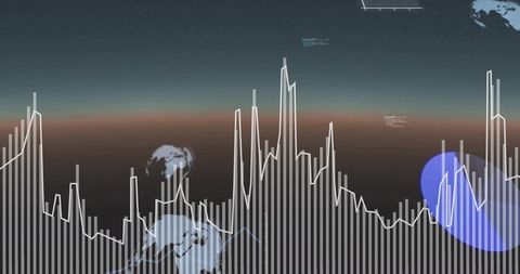 Global data visualization showing vertical bars, rising trend line and globe overlays