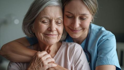 Nurse Embracing Elderly Woman in Tender Compassionate Care Moment in Care Home
