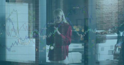 Businesswoman Analyzing Data Overlay Using Smartphone