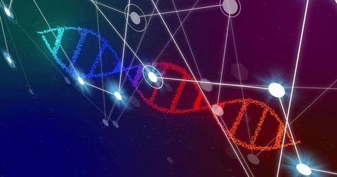 Glowing dna helix connecting neon nodes across futuristic digital lattice for genomics
