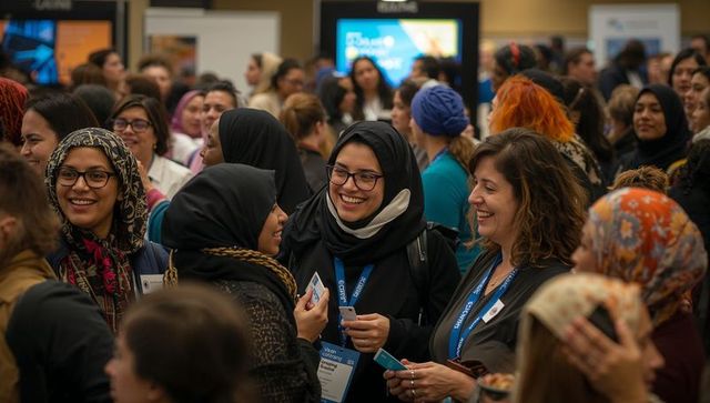 Diverse Professionals Engaging in Networking Event with Digital Elements