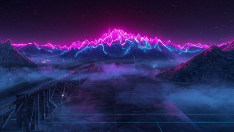 Glowing Neon Mountains Reflecting on Futuristic Grid with Foggy Overpass at Night