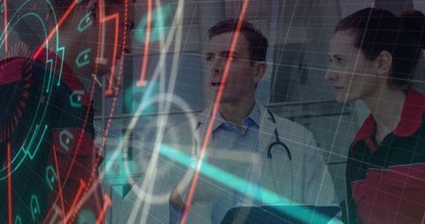 Medical team analyzing digital diagnostic hud for clinical decision making and teamwork