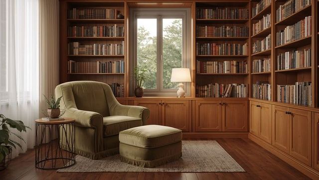 Cozy library nook with olive-green armchair and ottoman, warm wooden bookshelves and lamp
