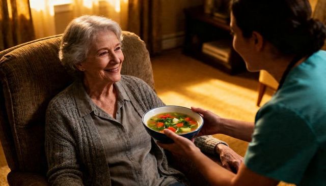 Smiling senior woman receiving warm vegetable soup from caregiver in teal scrubs, cozy armchair