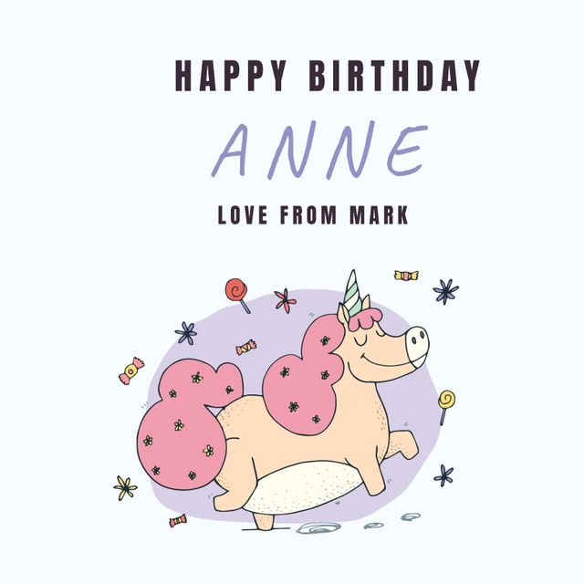 This whimsical design features a cute unicorn-pig character, ideal for creating personalized birthday cards. The bright pink and playful elements add joy and fun, perfect for themed parties. It is suited for greeting cards, digital invitations, or social media posts celebrating special occasions.