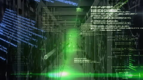 Digital Data Streams Flowing Over Server Racks