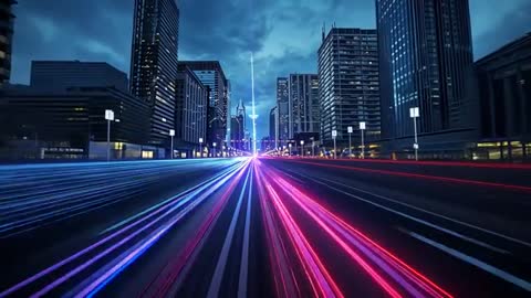 Futuristic Urban Nightscape with Vibrant Light Trails in Modern Metropolis