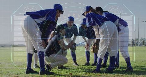 Baseball team strategy meeting under digital overlay