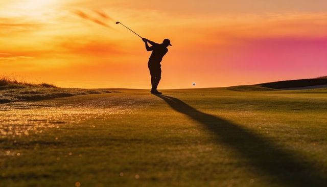 Silhouetted golfer swinging on dewy fairway at vibrant orange and pink sunset horizon