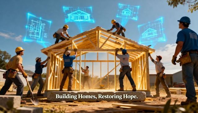 Construction crew assembling framed house with holographic blueprints, sunlit community build