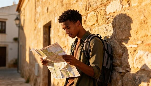 Young traveler reading map while leaning on sunlit stone wall, exploring historic alley