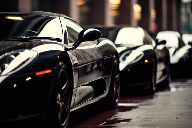 Luxury sports cars line up on a city street. The sleek designs suggest a high-end automotive event or exclusive gathering.