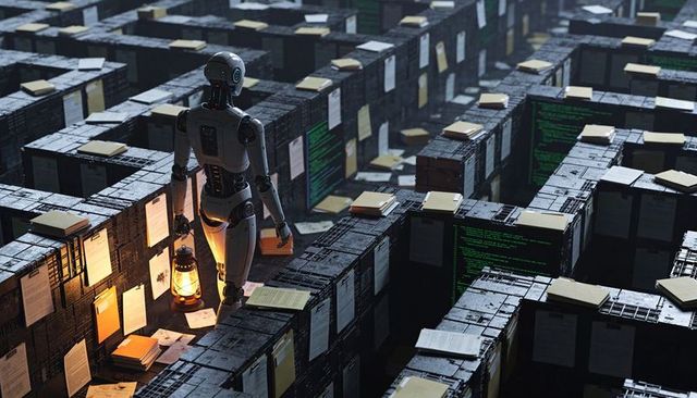 Humanoid Robot Exploring Maze of Data Crates Holding Lantern and Documents