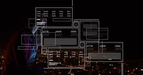 Standing woman holding phone on rooftop at night viewing augmented analytics overlays