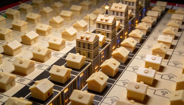 Miniature urban grid with lit high-rise models and suburban house tokens, lamppost glow