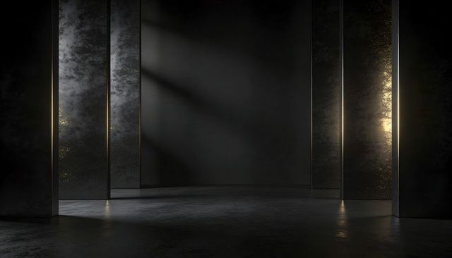 Moody Minimal Interior with Golden Light Seams and Dark Architectural Columns