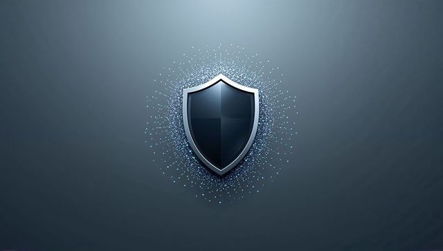 Glossy Shield Emblem with Silver Rim and Cyan Particle Halo for Cybersecurity Branding