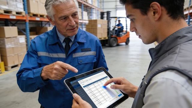 Senior supervisor pointing while worker tapping tablet for warehouse inventory management