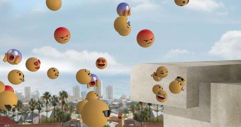Floating Emojis Above Urban Landscape Creating Vibrant Display