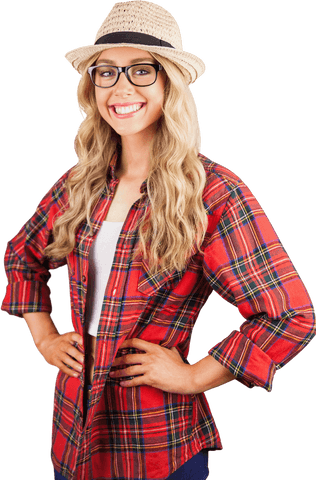 Smiling caucasian woman in casual vacation outfit on transparent background